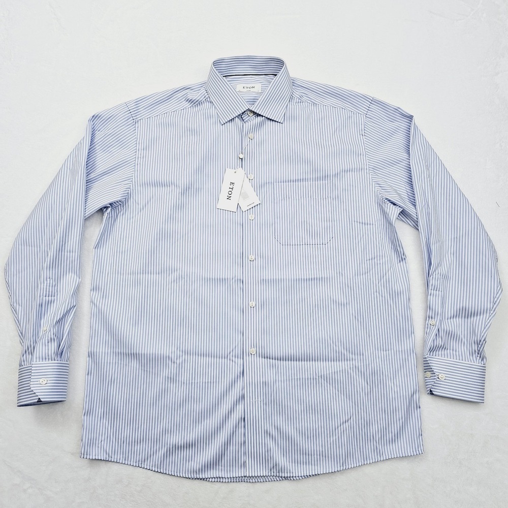 NEW Eton Mens 17 43 Dress Shirt Blue Striped Classic Preppy Business Ivy - Picture 2 of 11